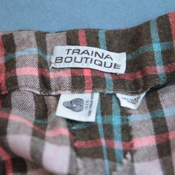 Like new 70's Traina brown pink blue tartan wide leg plaid wool pant medium tall - Picture 2 of 3